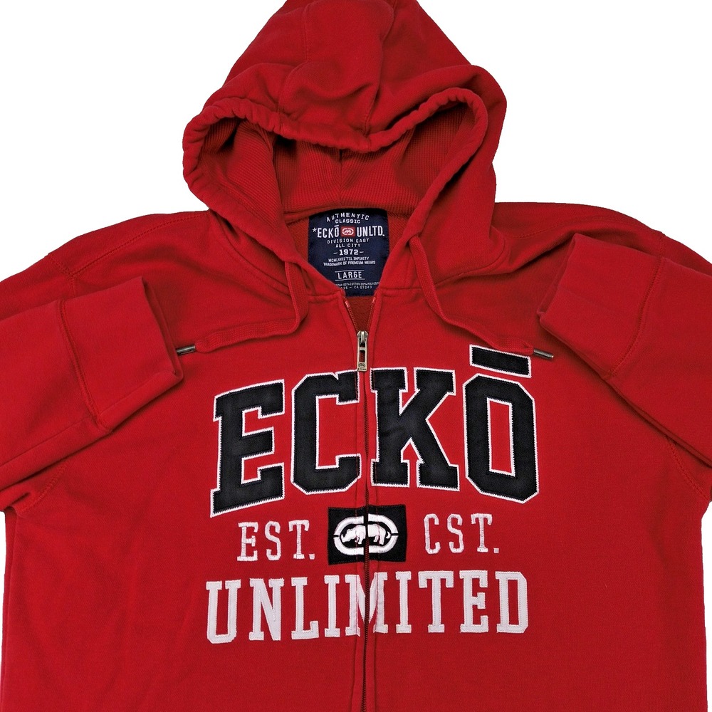 Ecko Unltd Mens Large Red Full Zip Hoodie Graphic Rhino Logo Streetwear Y2K